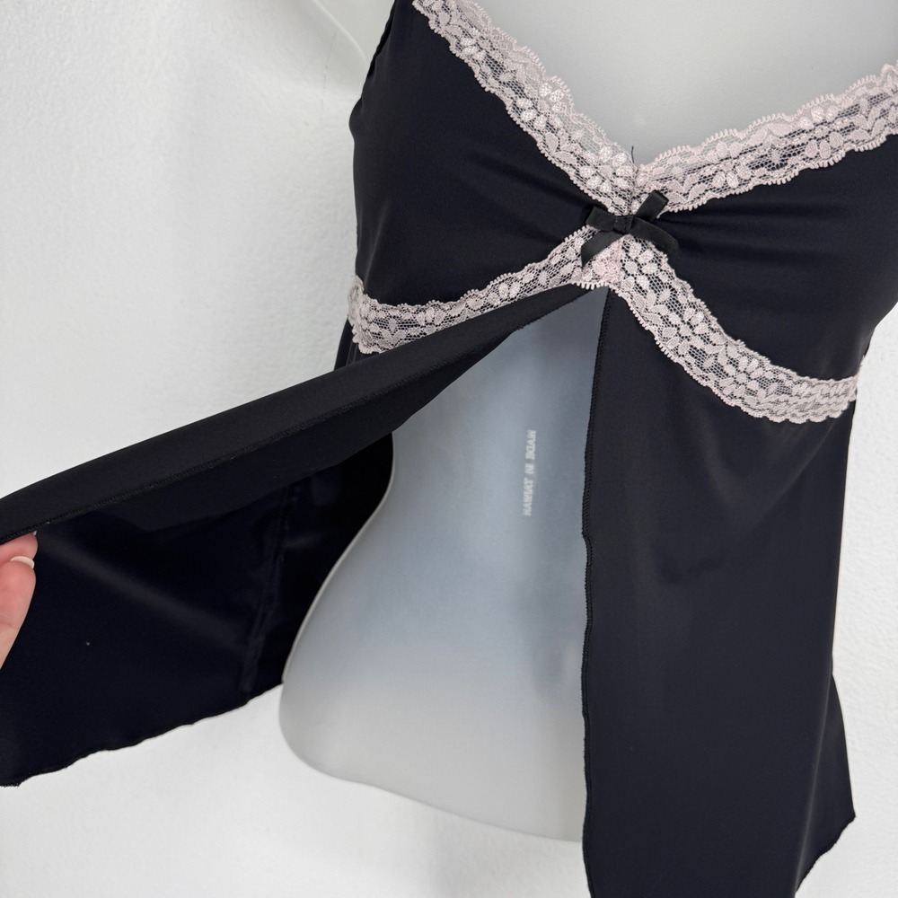 Edikted Black Lace Trim Flyaway Cami Top Handkerchief Hem Small Y2K Pink Bow - Picture 3 of 7